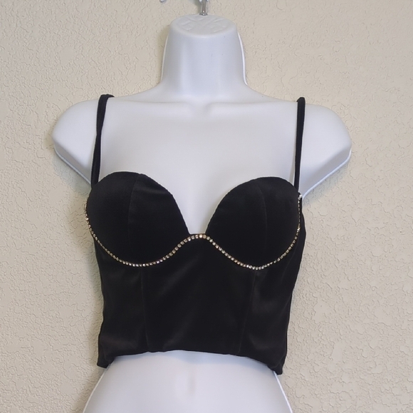 Princess Polly Tops - Princess Polly black velvet bustier crop top silver rhinestone accent